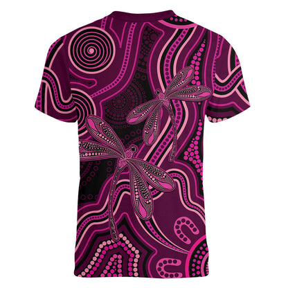 Australia Breast Cancer Support Women V-Neck T-Shirt Pink Dragonflies Aboriginal Art
