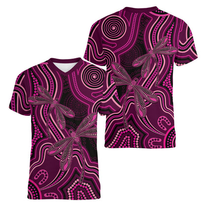 Australia Breast Cancer Support Women V-Neck T-Shirt Pink Dragonflies Aboriginal Art