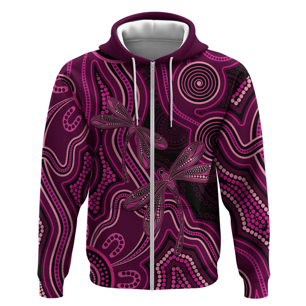 Australia Breast Cancer Support Zip Hoodie Pink Dragonflies Aboriginal Art