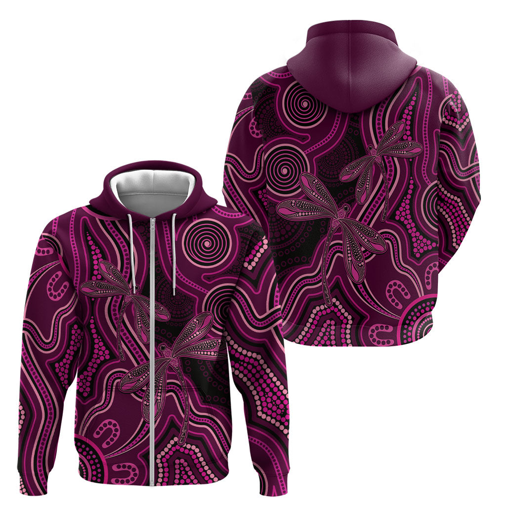 Australia Breast Cancer Support Zip Hoodie Pink Dragonflies Aboriginal Art