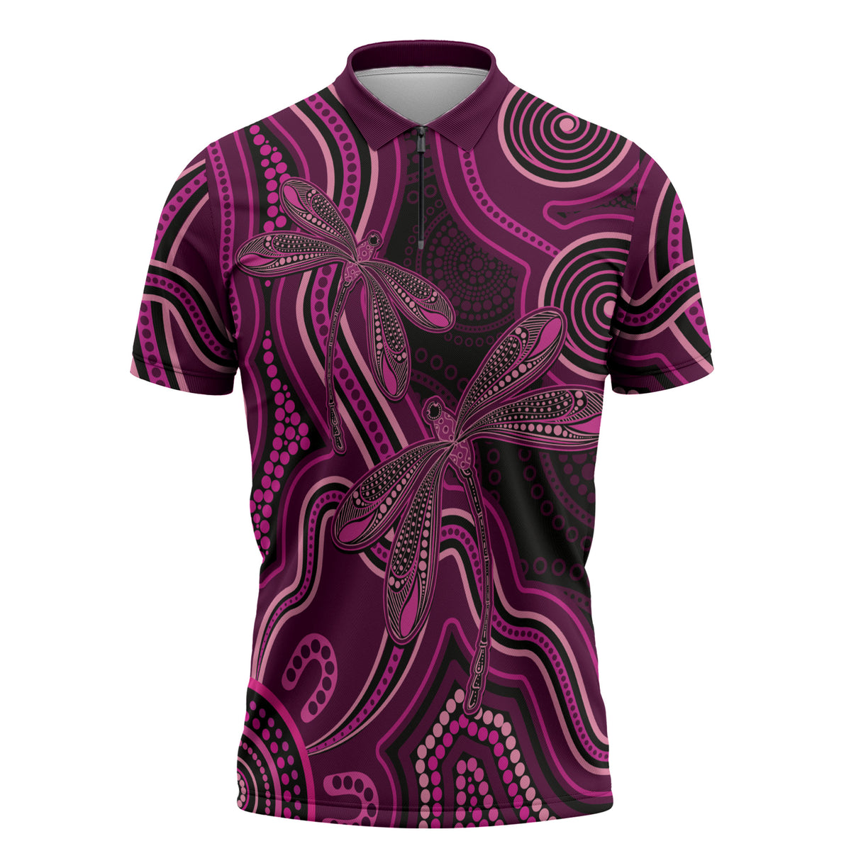 Australia Breast Cancer Support Zipper Polo Shirt Pink Dragonflies Aboriginal Art