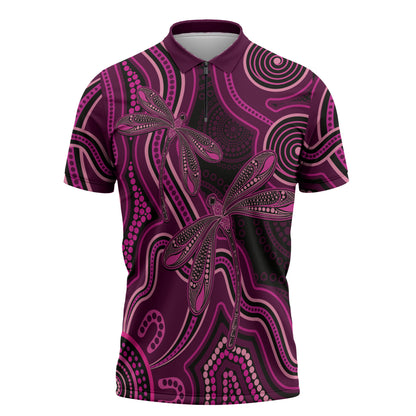 Australia Breast Cancer Support Zipper Polo Shirt Pink Dragonflies Aboriginal Art