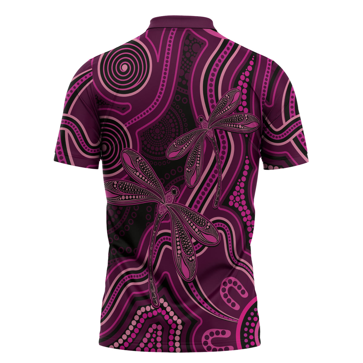 Australia Breast Cancer Support Zipper Polo Shirt Pink Dragonflies Aboriginal Art