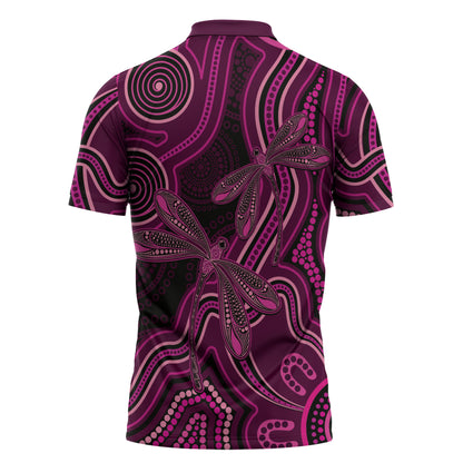 Australia Breast Cancer Support Zipper Polo Shirt Pink Dragonflies Aboriginal Art