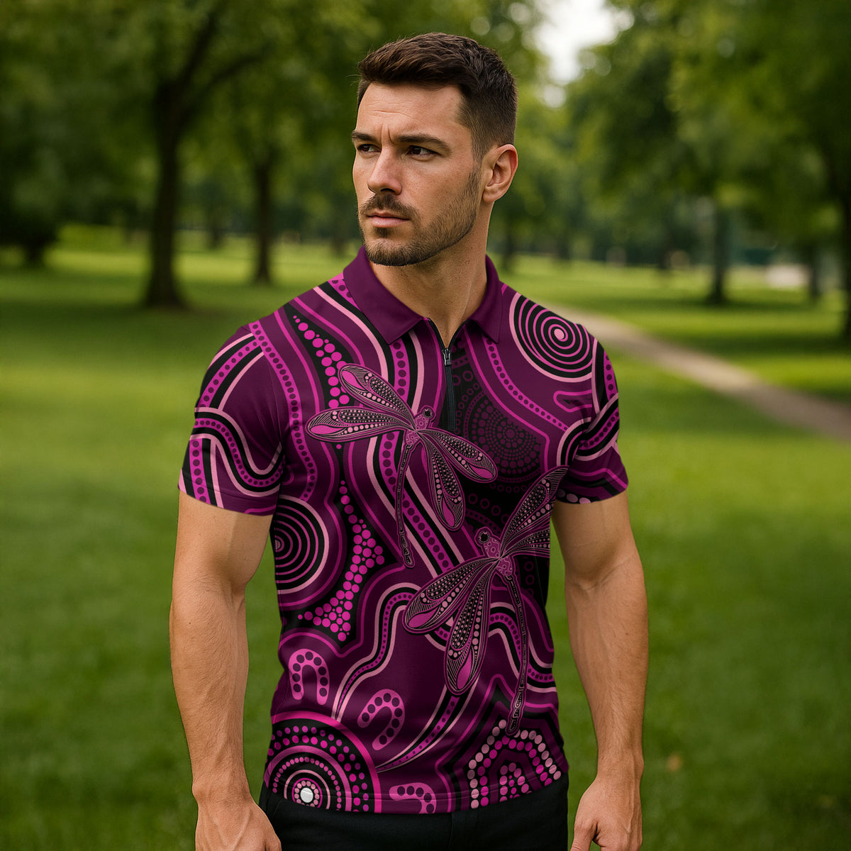 Australia Breast Cancer Support Zipper Polo Shirt Pink Dragonflies Aboriginal Art