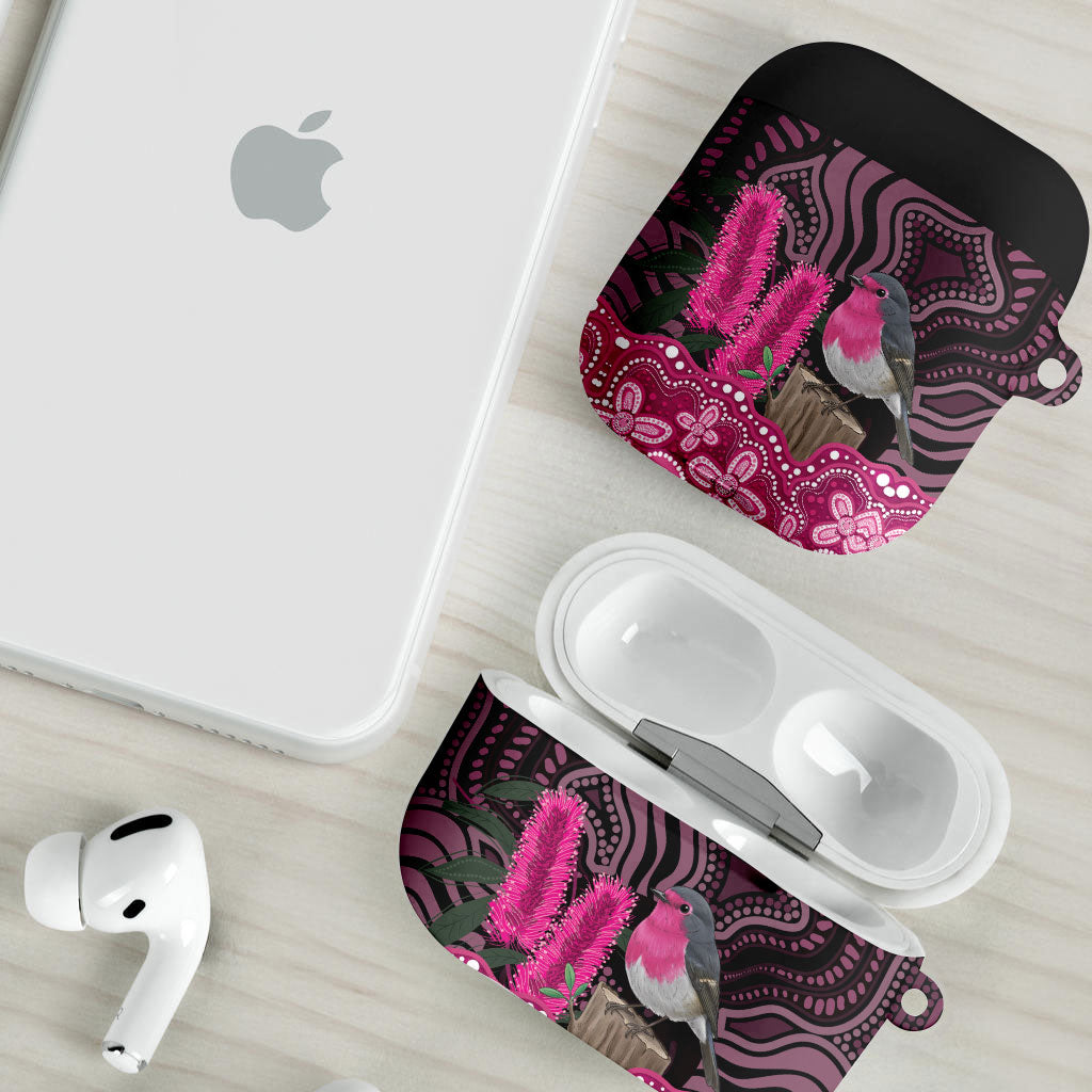 Australia Indigenous AirPods Case Breast Cancer Pink Robin Bottlebrush Aboriginal Art