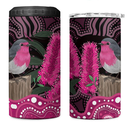 Australia Indigenous 4 in 1 Can Cooler Tumbler Breast Cancer Pink Robin Bottlebrush Aboriginal Art