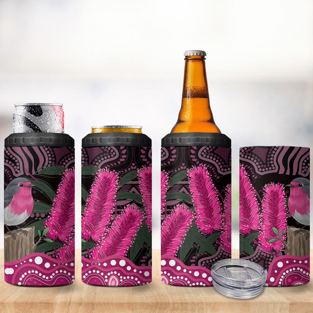 Australia Indigenous 4 in 1 Can Cooler Tumbler Breast Cancer Pink Robin Bottlebrush Aboriginal Art