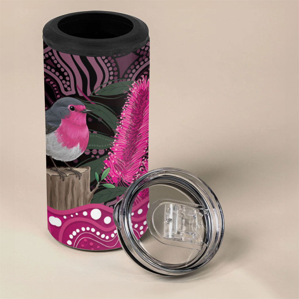 Australia Indigenous 4 in 1 Can Cooler Tumbler Breast Cancer Pink Robin Bottlebrush Aboriginal Art