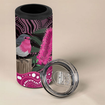 Australia Indigenous 4 in 1 Can Cooler Tumbler Breast Cancer Pink Robin Bottlebrush Aboriginal Art
