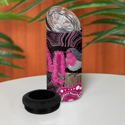 Australia Indigenous 4 in 1 Can Cooler Tumbler Breast Cancer Pink Robin Bottlebrush Aboriginal Art