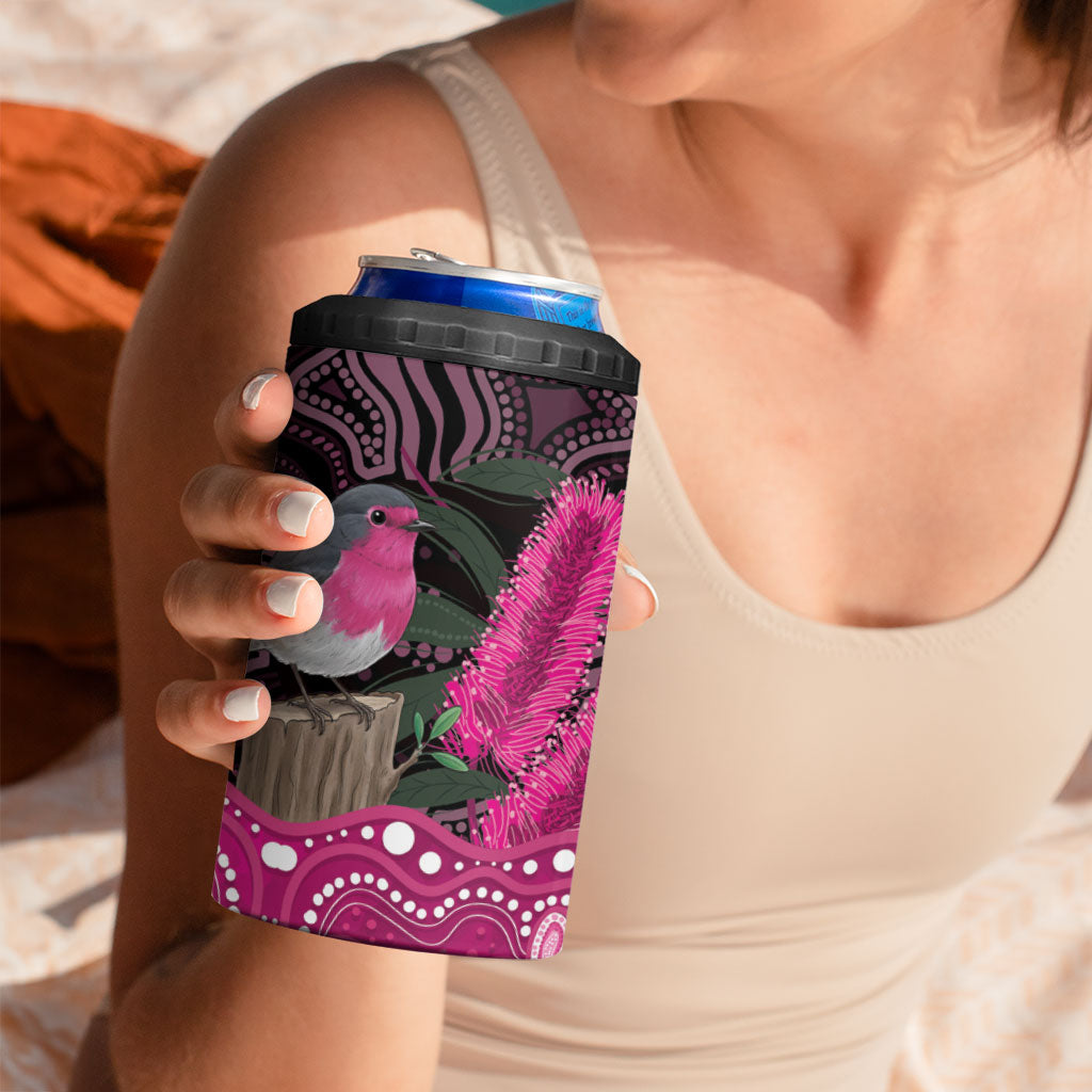 Australia Indigenous 4 in 1 Can Cooler Tumbler Breast Cancer Pink Robin Bottlebrush Aboriginal Art