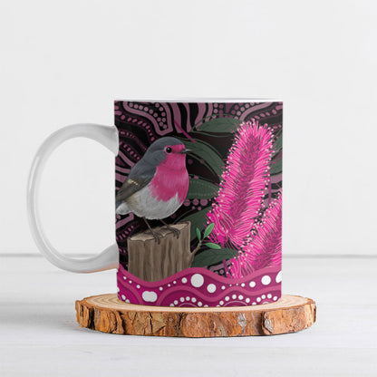 Australia Indigenous Ceramic Mug Breast Cancer Pink Robin Bottlebrush Aboriginal Art