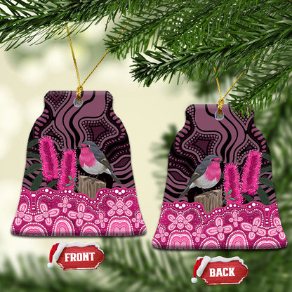 Australia Indigenous Ceramic Ornament Breast Cancer Pink Robin Bottlebrush Aboriginal Art
