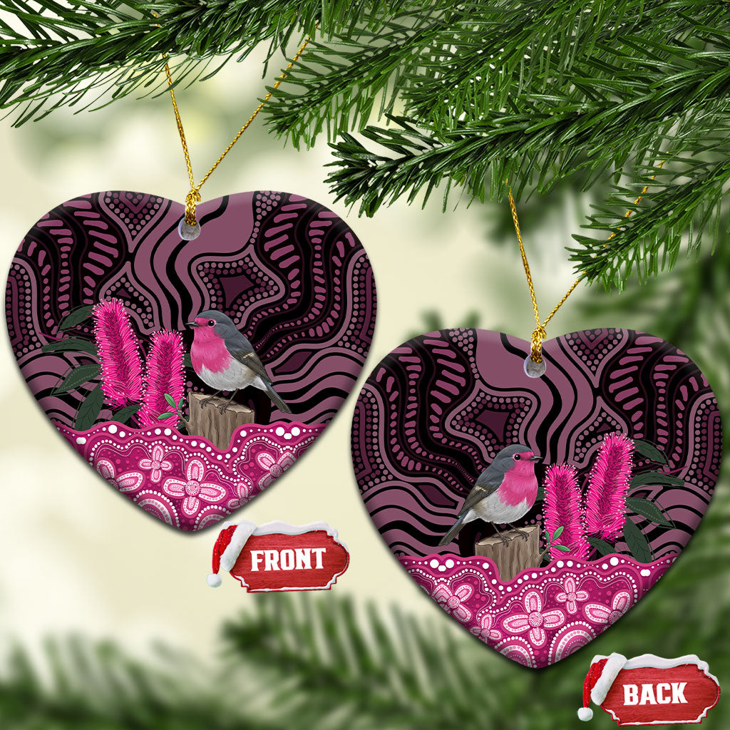 Australia Indigenous Ceramic Ornament Breast Cancer Pink Robin Bottlebrush Aboriginal Art