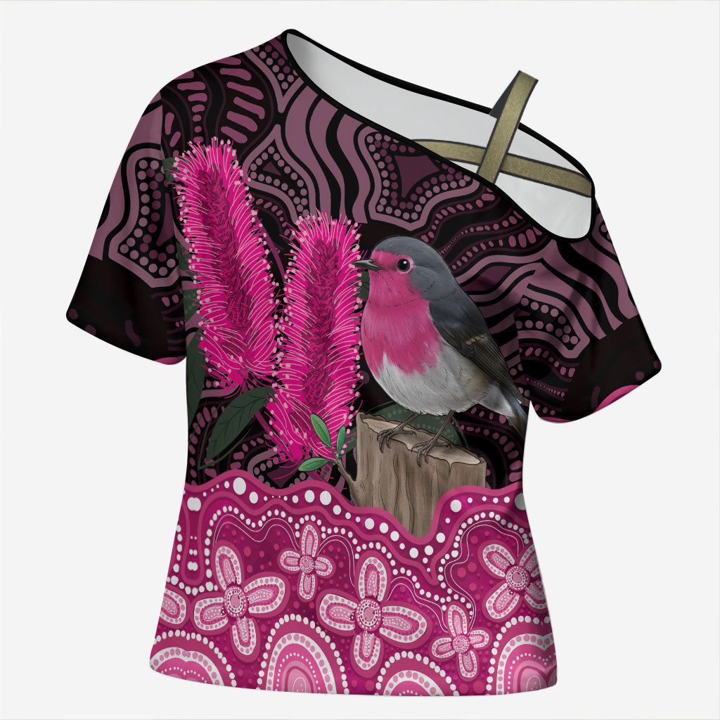 Australia Indigenous Cross Shoulder Shirt Breast Cancer Pink Robin Bottlebrush Aboriginal Art