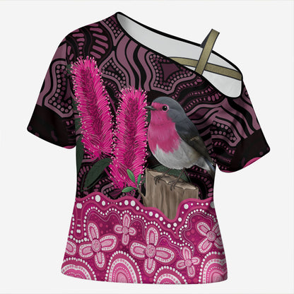 Australia Indigenous Cross Shoulder Shirt Breast Cancer Pink Robin Bottlebrush Aboriginal Art