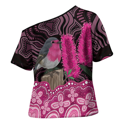 Australia Indigenous Cross Shoulder Shirt Breast Cancer Pink Robin Bottlebrush Aboriginal Art