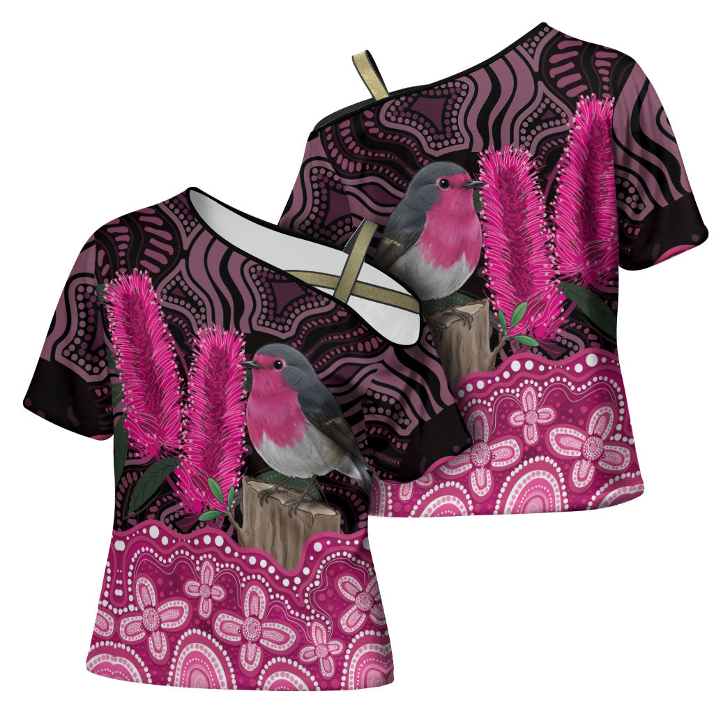 Australia Indigenous Cross Shoulder Shirt Breast Cancer Pink Robin Bottlebrush Aboriginal Art
