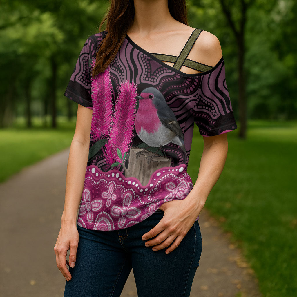 Australia Indigenous Cross Shoulder Shirt Breast Cancer Pink Robin Bottlebrush Aboriginal Art
