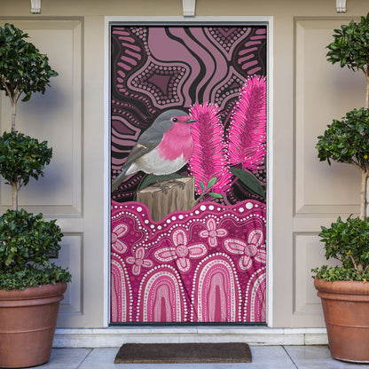 Australia Indigenous Door Cover Breast Cancer Pink Robin Bottlebrush Aboriginal Art