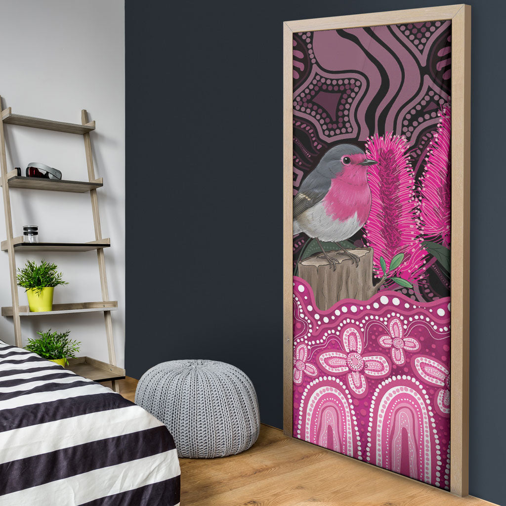 Australia Indigenous Door Cover Breast Cancer Pink Robin Bottlebrush Aboriginal Art