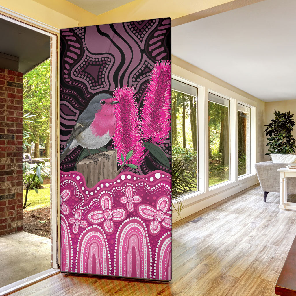 Australia Indigenous Door Cover Breast Cancer Pink Robin Bottlebrush Aboriginal Art