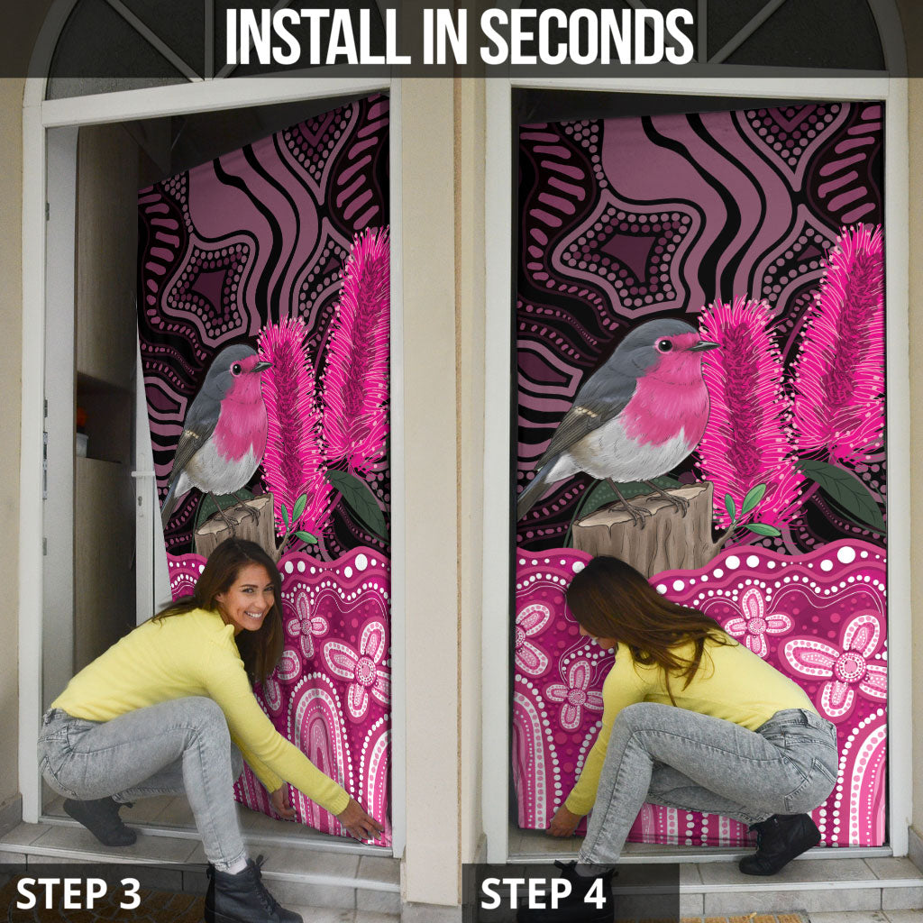 Australia Indigenous Door Cover Breast Cancer Pink Robin Bottlebrush Aboriginal Art