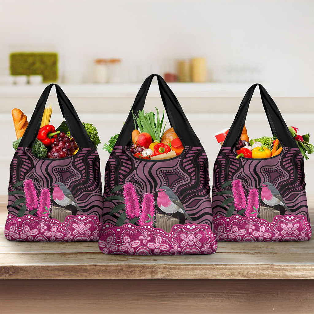 Australia Indigenous Grocery Bag Breast Cancer Pink Robin Bottlebrush Aboriginal Art