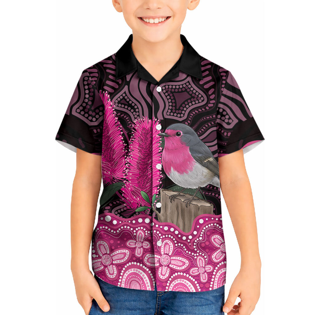 Australia Indigenous Kid Hawaiian Shirt Breast Cancer Pink Robin Bottlebrush Aboriginal Art
