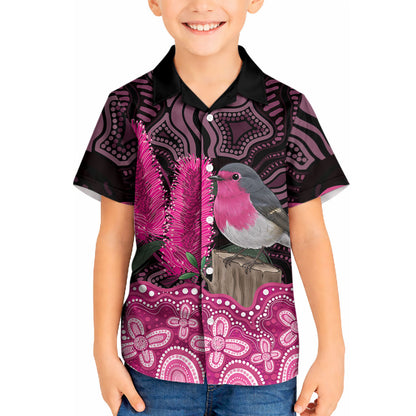 Australia Indigenous Kid Hawaiian Shirt Breast Cancer Pink Robin Bottlebrush Aboriginal Art
