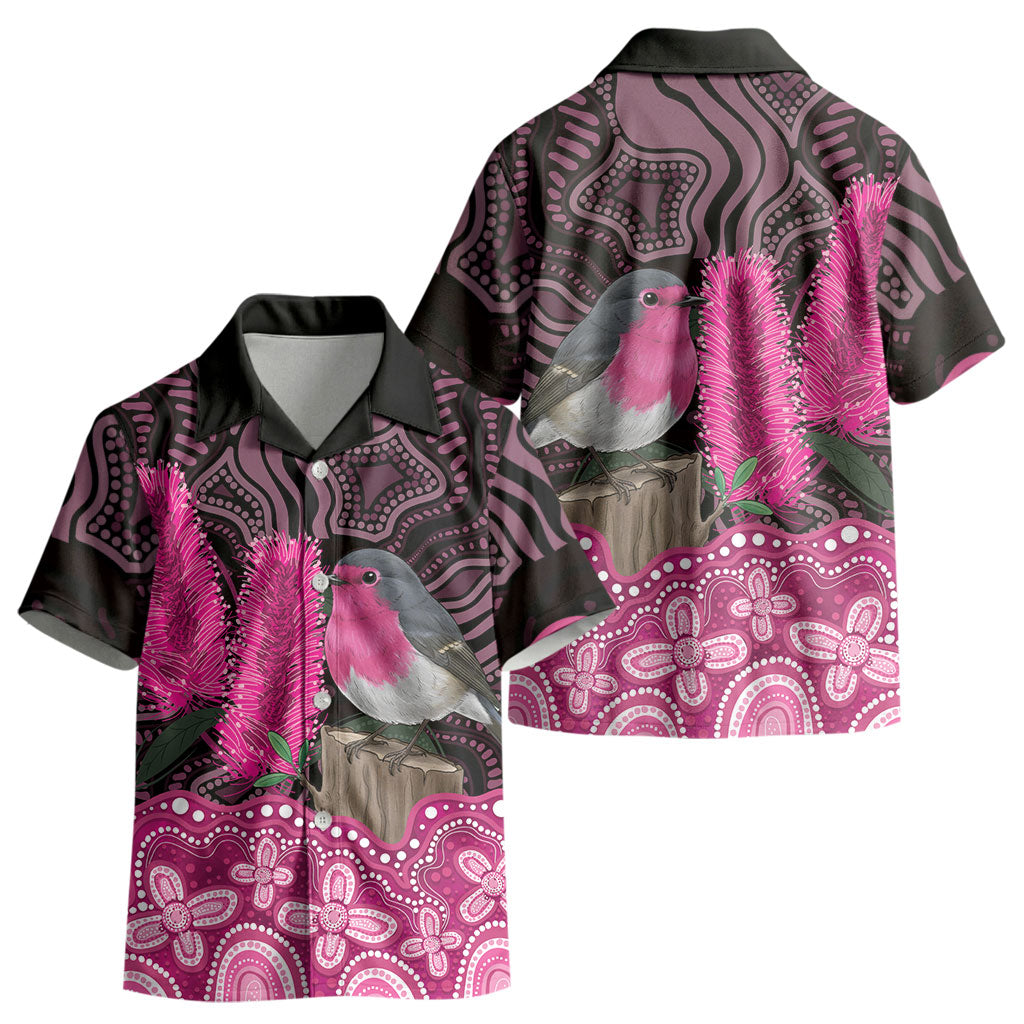 Australia Indigenous Kid Hawaiian Shirt Breast Cancer Pink Robin Bottlebrush Aboriginal Art