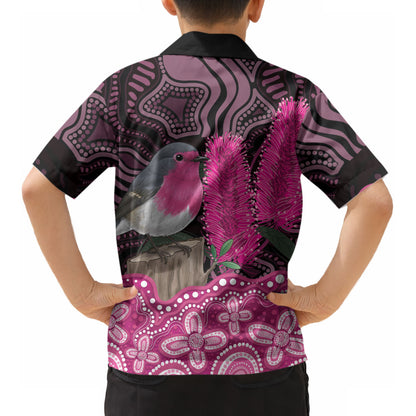 Australia Indigenous Kid Hawaiian Shirt Breast Cancer Pink Robin Bottlebrush Aboriginal Art