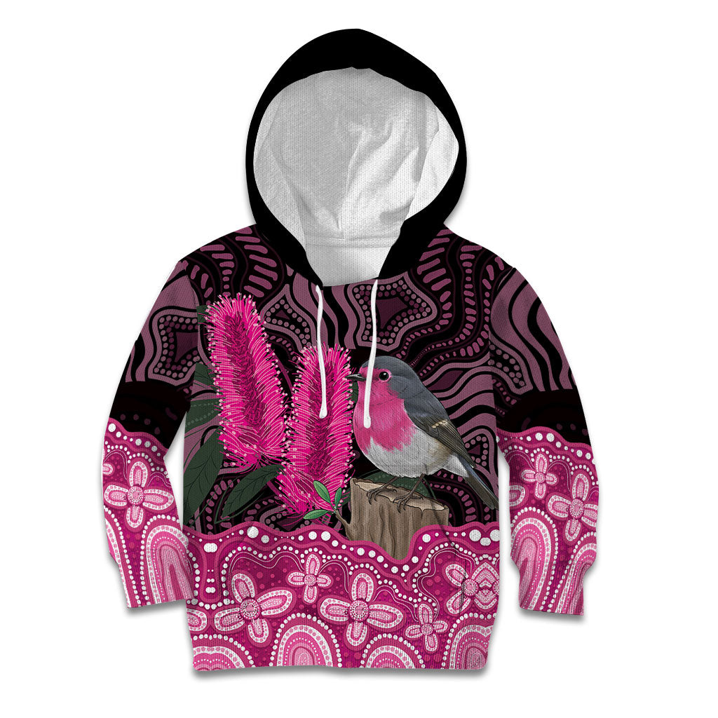 Australia Indigenous Kid Hoodie Breast Cancer Pink Robin Bottlebrush Aboriginal Art