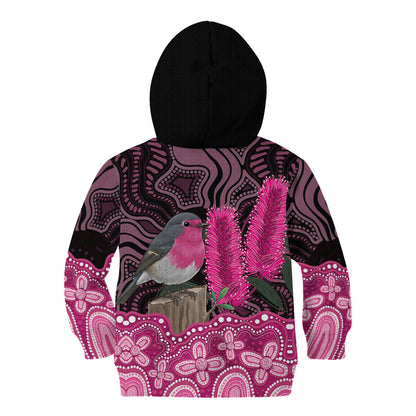 Australia Indigenous Kid Hoodie Breast Cancer Pink Robin Bottlebrush Aboriginal Art