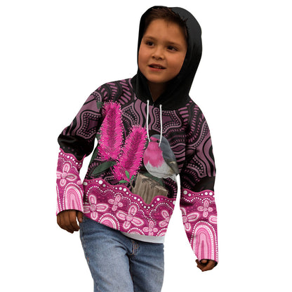 Australia Indigenous Kid Hoodie Breast Cancer Pink Robin Bottlebrush Aboriginal Art