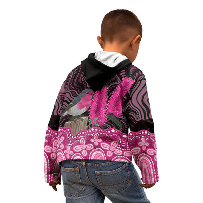Australia Indigenous Kid Hoodie Breast Cancer Pink Robin Bottlebrush Aboriginal Art