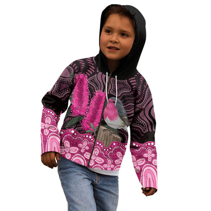 Australia Indigenous Kid Hoodie Breast Cancer Pink Robin Bottlebrush Aboriginal Art