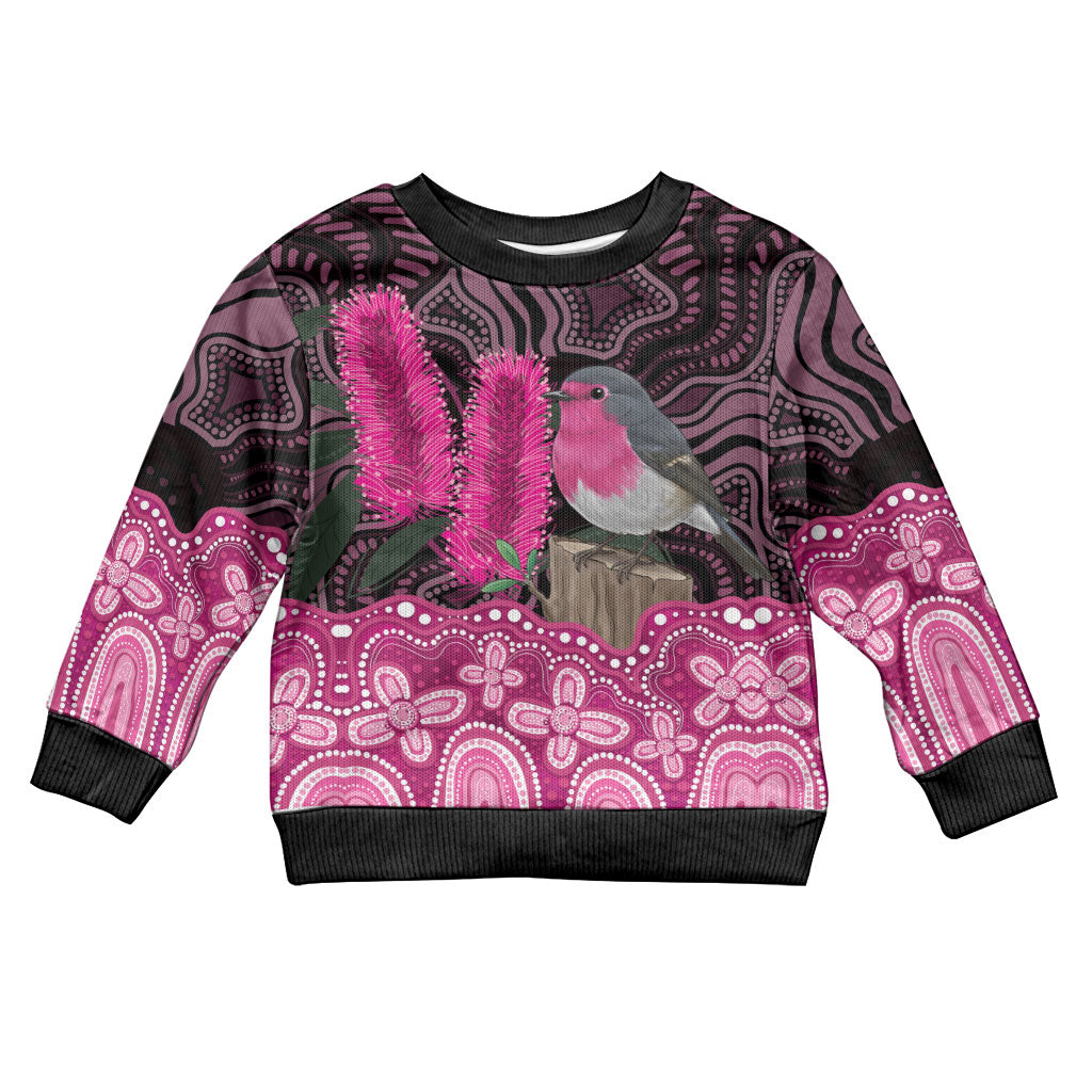 Australia Indigenous Kid Ugly Christmas Sweater Breast Cancer Pink Robin Bottlebrush Aboriginal Art