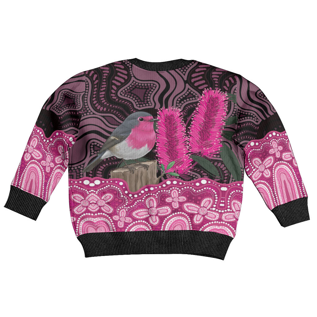Australia Indigenous Kid Ugly Christmas Sweater Breast Cancer Pink Robin Bottlebrush Aboriginal Art