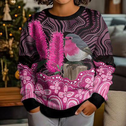 Australia Indigenous Kid Ugly Christmas Sweater Breast Cancer Pink Robin Bottlebrush Aboriginal Art