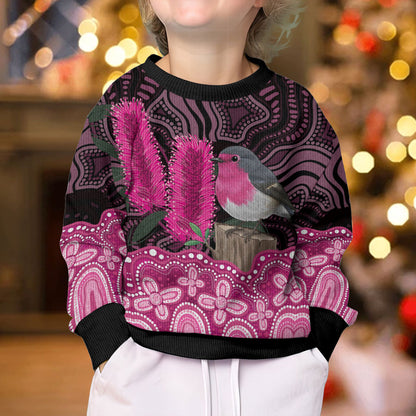 Australia Indigenous Kid Ugly Christmas Sweater Breast Cancer Pink Robin Bottlebrush Aboriginal Art