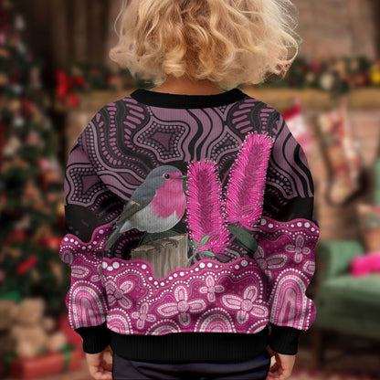 Australia Indigenous Kid Ugly Christmas Sweater Breast Cancer Pink Robin Bottlebrush Aboriginal Art