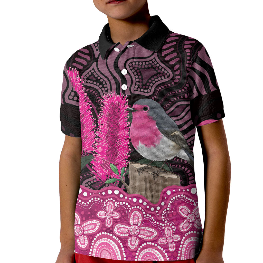 Australia Indigenous Kid Polo Shirt Breast Cancer Pink Robin Bottlebrush Aboriginal Art