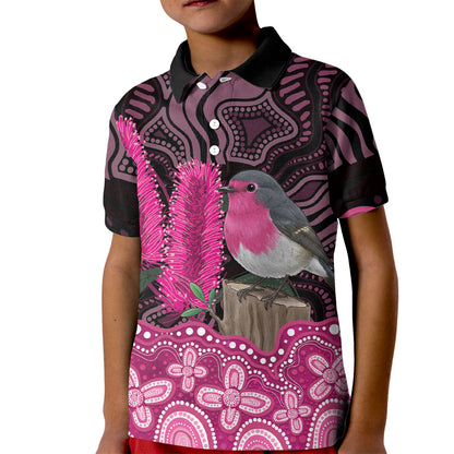 Australia Indigenous Kid Polo Shirt Breast Cancer Pink Robin Bottlebrush Aboriginal Art