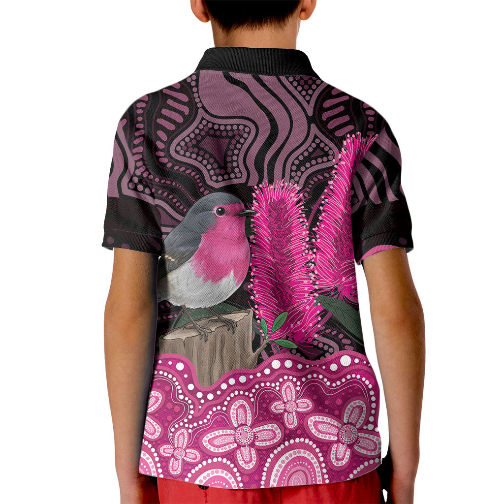 Australia Indigenous Kid Polo Shirt Breast Cancer Pink Robin Bottlebrush Aboriginal Art