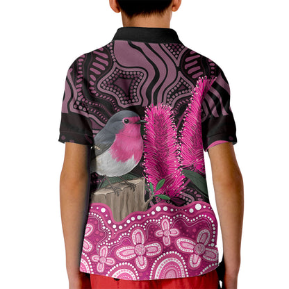 Australia Indigenous Kid Polo Shirt Breast Cancer Pink Robin Bottlebrush Aboriginal Art