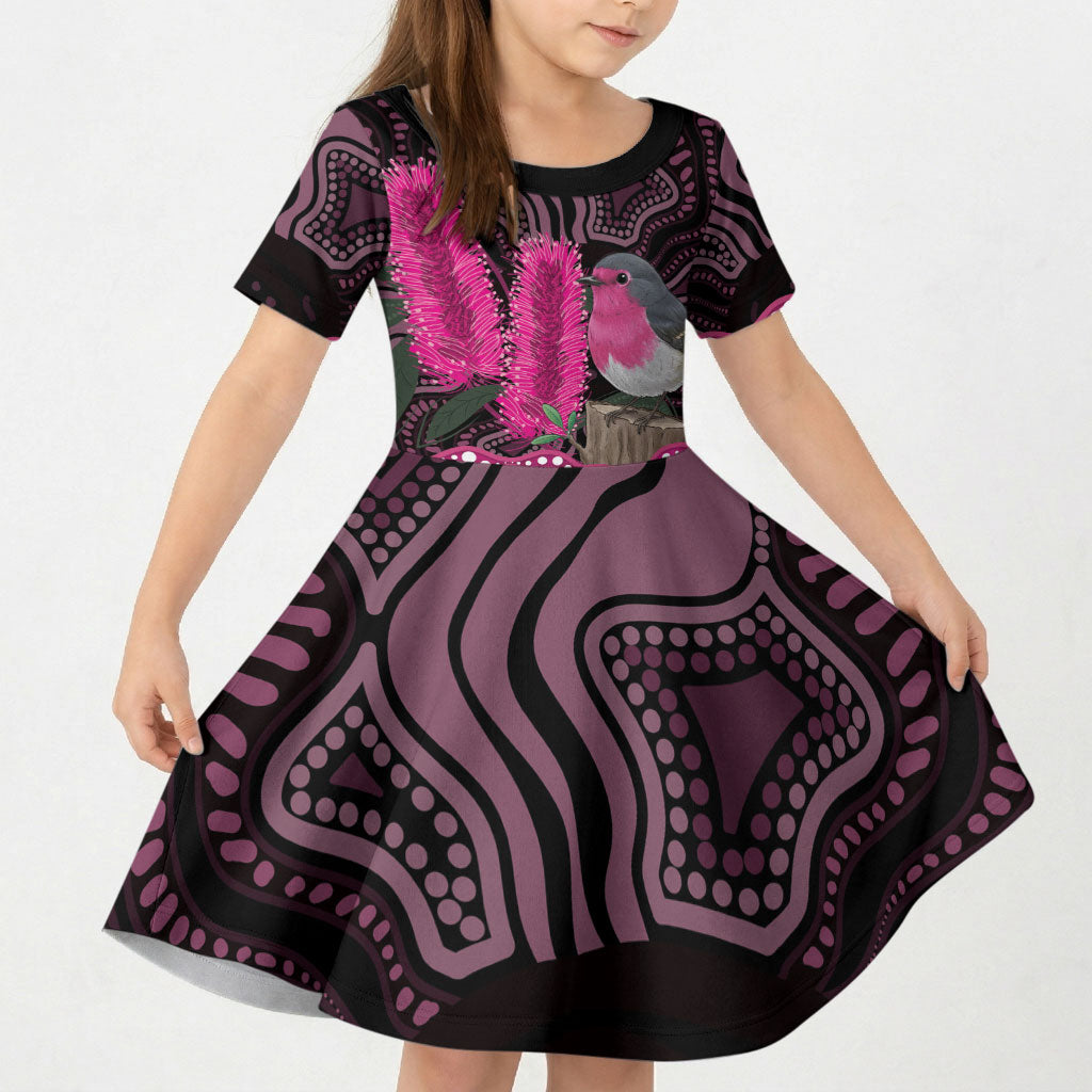 Australia Indigenous Kid Short Sleeve Dress Breast Cancer Pink Robin Bottlebrush Aboriginal Art