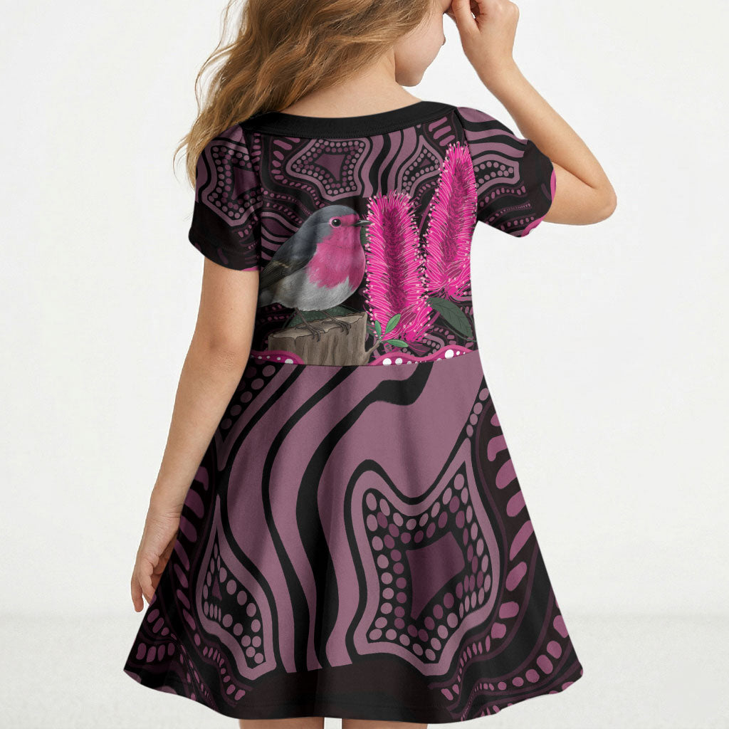 Australia Indigenous Kid Short Sleeve Dress Breast Cancer Pink Robin Bottlebrush Aboriginal Art