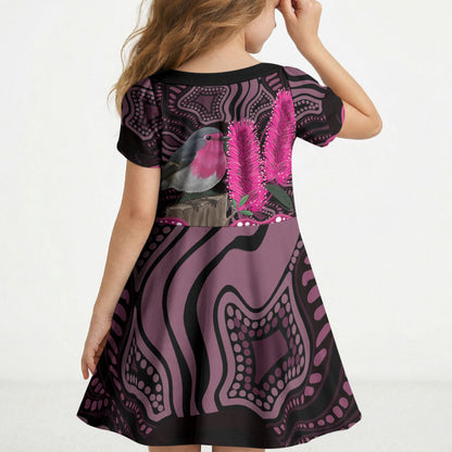 Australia Indigenous Kid Short Sleeve Dress Breast Cancer Pink Robin Bottlebrush Aboriginal Art